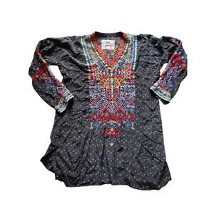 Johnny Was Embroidered Boho Tunic Top – Black – Long Sleeve Small